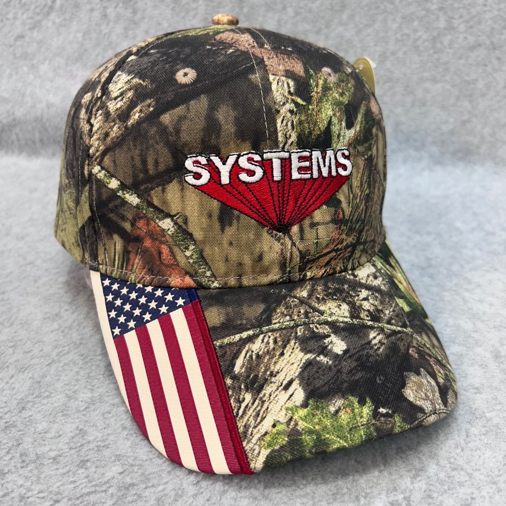 Systems Logo Mens Camo Mossy Oak Hat American Flag USA Patch Adjustable OSFM NWT